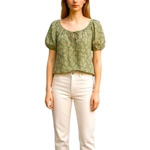 Nordstrom Melrose and Market Cap Sleeve Tie Neck Top Floral Print Olive XXL New